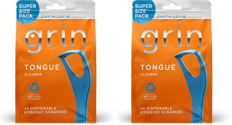 GRIN Tongue Cleaner, 48 Count, Disposable Tongue Cleaner, Hygienic Scraper, Recycled Plastic, Clean Tongue, Promote Fresh Breath, Includes Safe Fold- Back Tooth Pick (Pack of 2) - Image 1